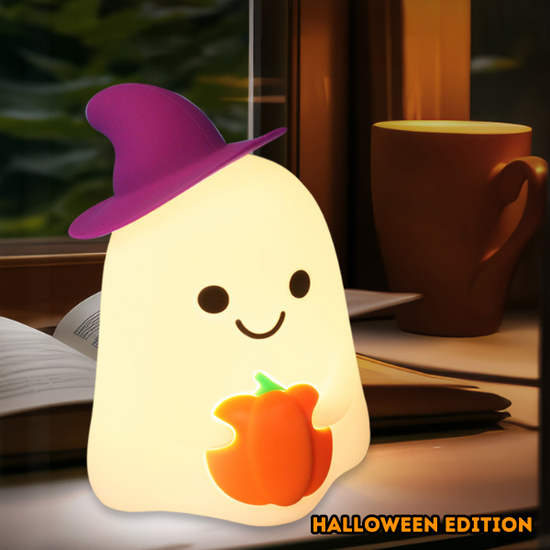 Lumini® Squishy Ghost Holding a Pumpkin LED Night Light.